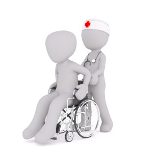 Two symbolic person, one in a wheelchair moved by the other